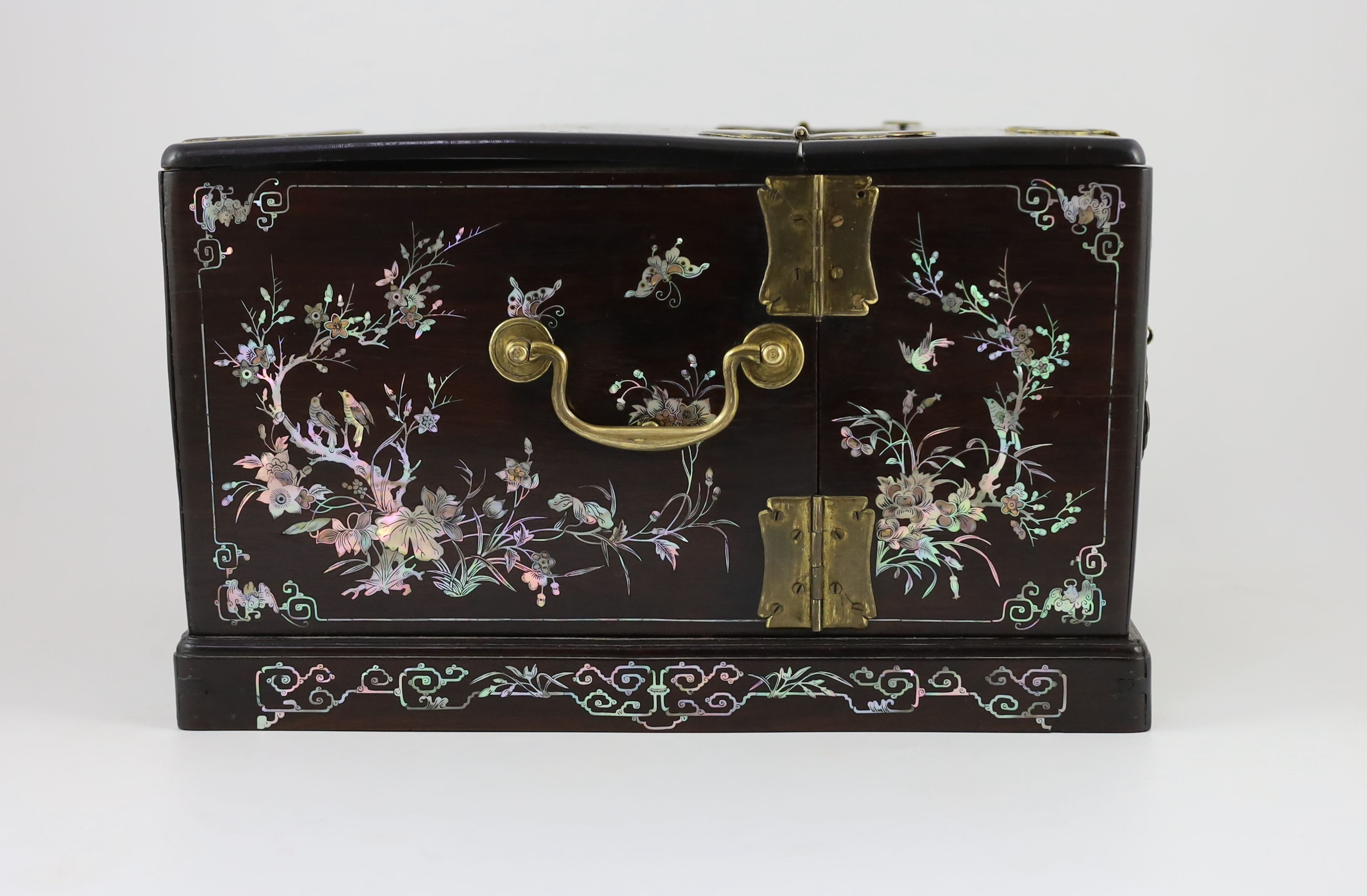 A Chinese hongmu and mother-of-pearl make up or jewellery box, late 19th century, 36 cm x 27 cm